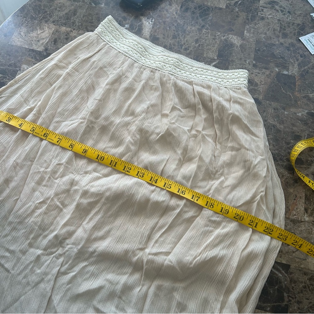 Vintage Active Boho Crinkled Maxi Skirt Crochet Knit Waistband Beige Tan Large - Picture 10 of 10